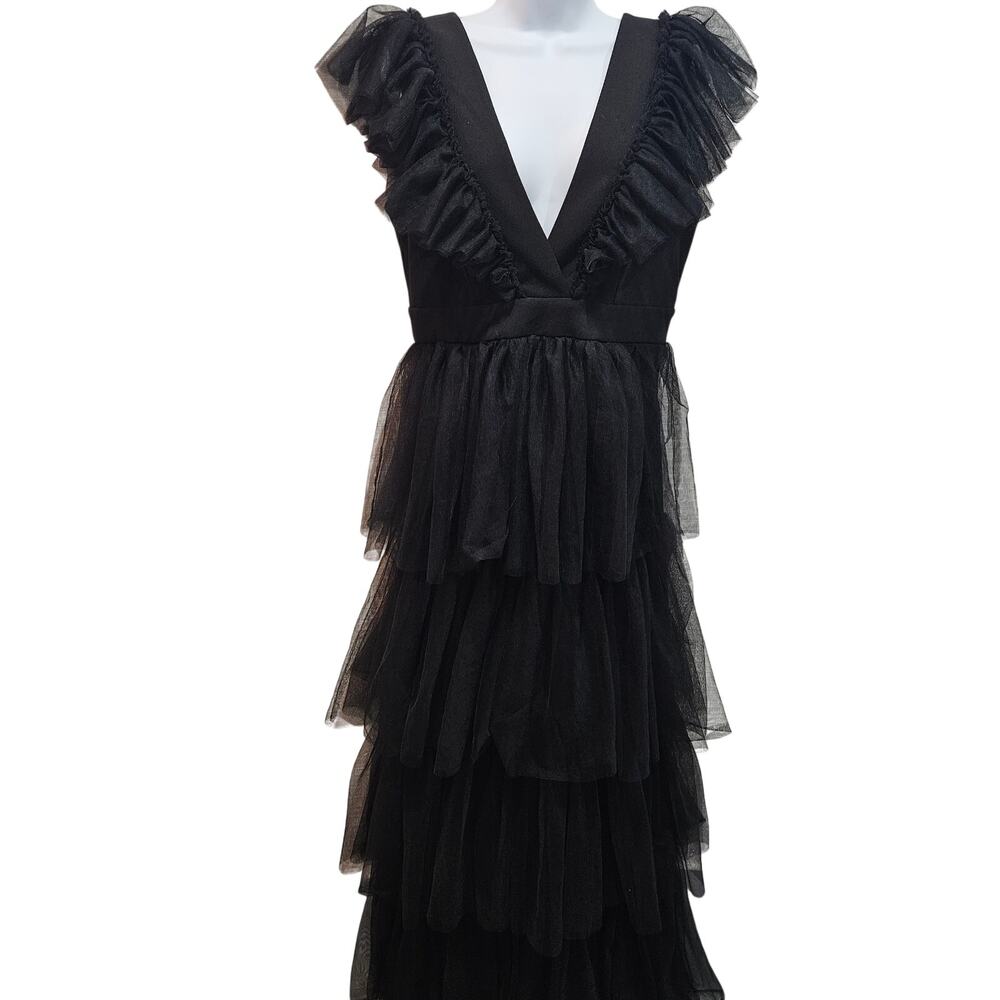 Faeriesty Black Tulle Maxi Dress Deep V Neck Tiered Ruffle Formal Cocktail L